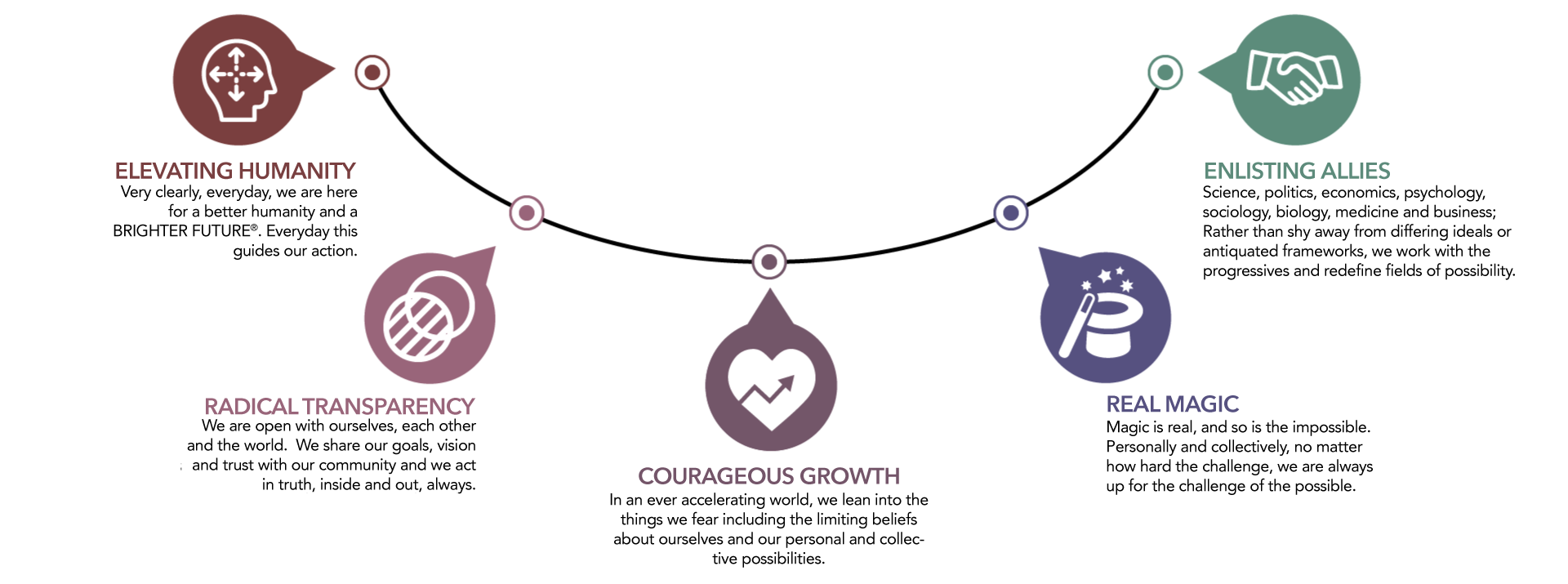 Our values: Elevating Humanity, Radical Transparency, Courageous Growth, Real Magic, and Enlisting Allies